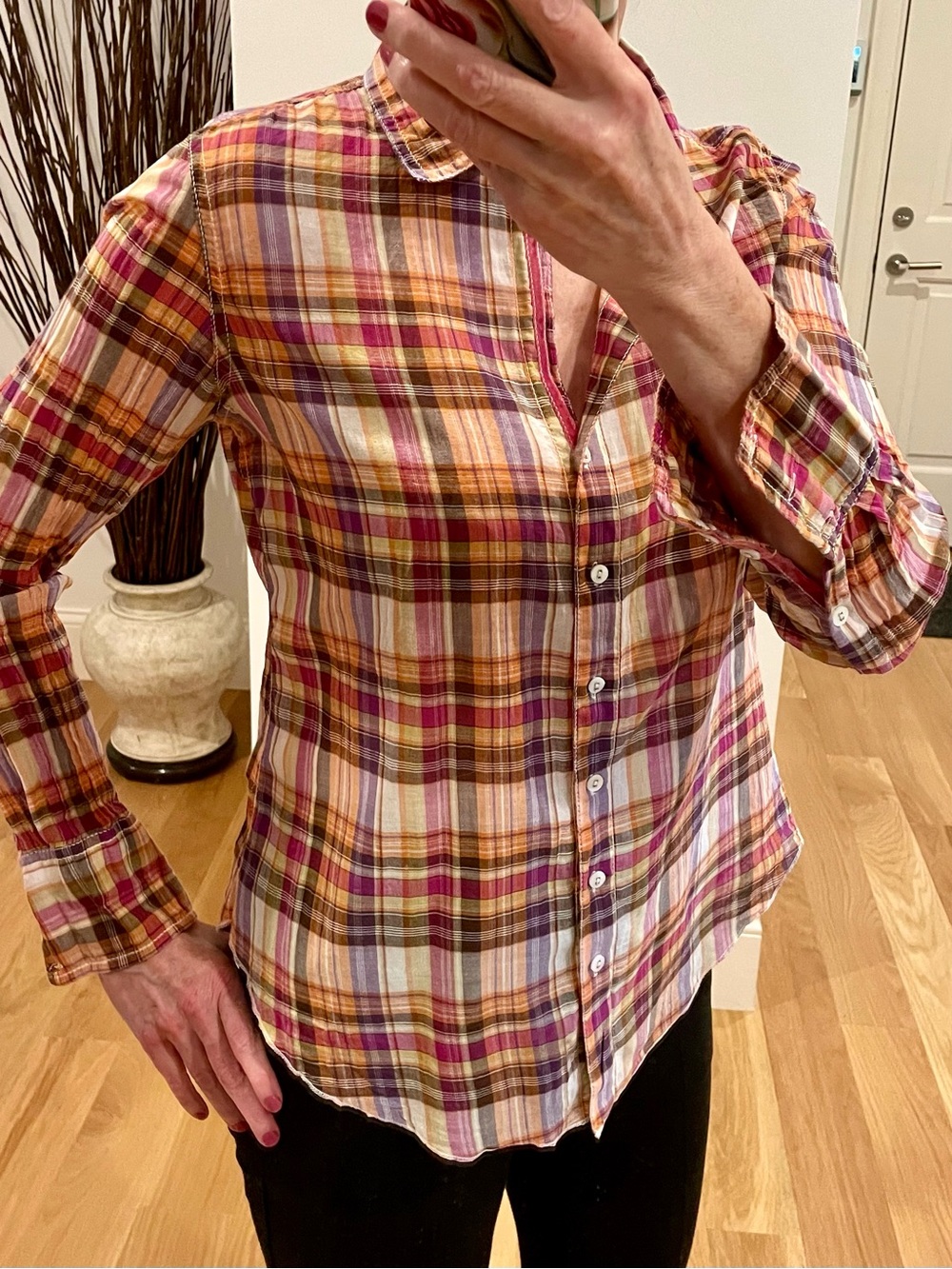 Cino Plaid Button-Front Shirt in Pink, Orange & Purple - Picture 1 of 9